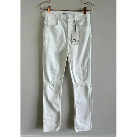 Zara Slim Flare Womens Distressed Knee Denim Jeans White Sz 4 - Picture 2 of 13